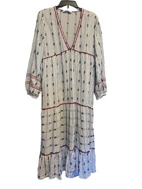 Zara White/Navy Striped Maxi Dress w/Red Trim Boho Sz Large
